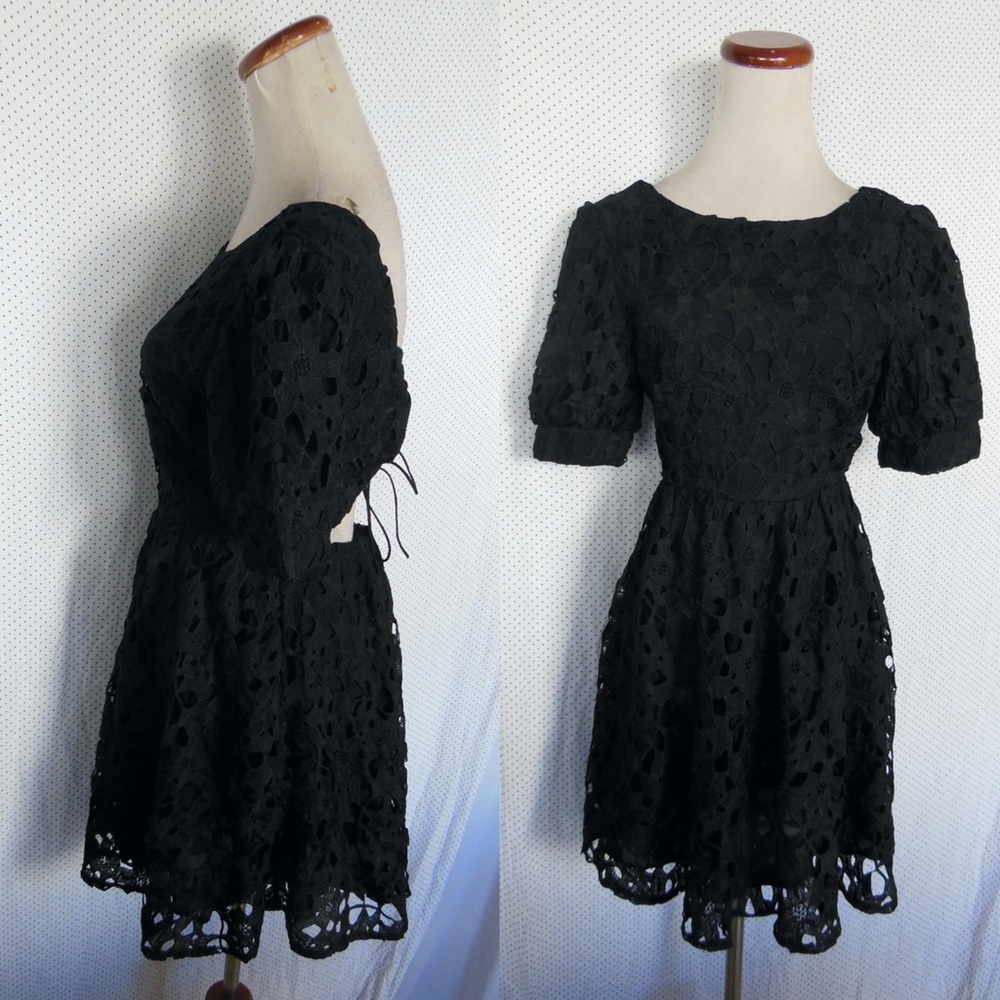 NEW LULUS For a Moment BLACK Crochet LACE Cutout Back MINI Skater COCKTAIL DRESS - Picture 2 of 5